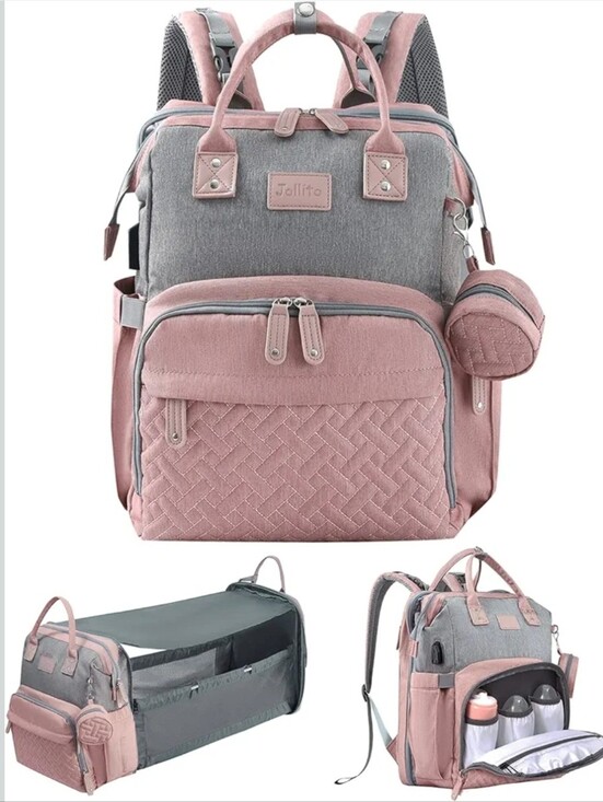 JOLLITO Quilted Baby Diaper Bag Backpack with Changing Station Pink main image 2